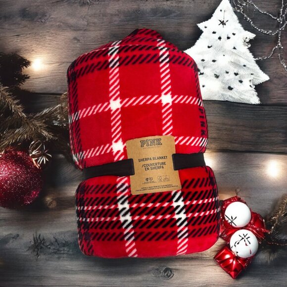 PINK Victoria's Secret Red Plaid Sherpa Blanket Throw 50"x60" New With Tags - Picture 3 of 3